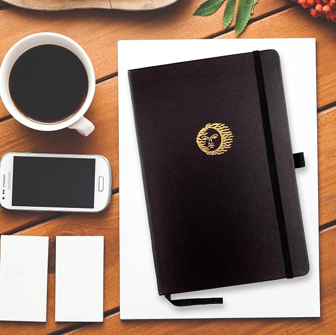 RICCO BELLO Lined Journal Notebook, Sun, 5.7 x 8.4-Inches | Faux Leather Hardcover, College Ruled, 96 Sheets / 192 Pages, Pen Holder, For Work & Notes