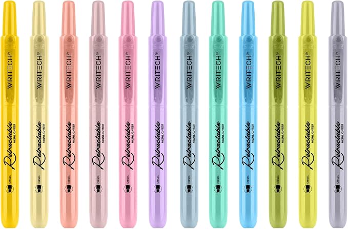 WRITECH Retractable Bible Highlighters Assorted: Pastel Colors No Bleed Aesthetic Marker Pen Chisel Tip, 12 Pack