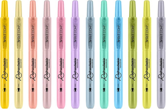 WRITECH Retractable Bible Highlighters Assorted: Pastel Colors No Bleed Aesthetic Marker Pen Chisel Tip, 12 Pack
