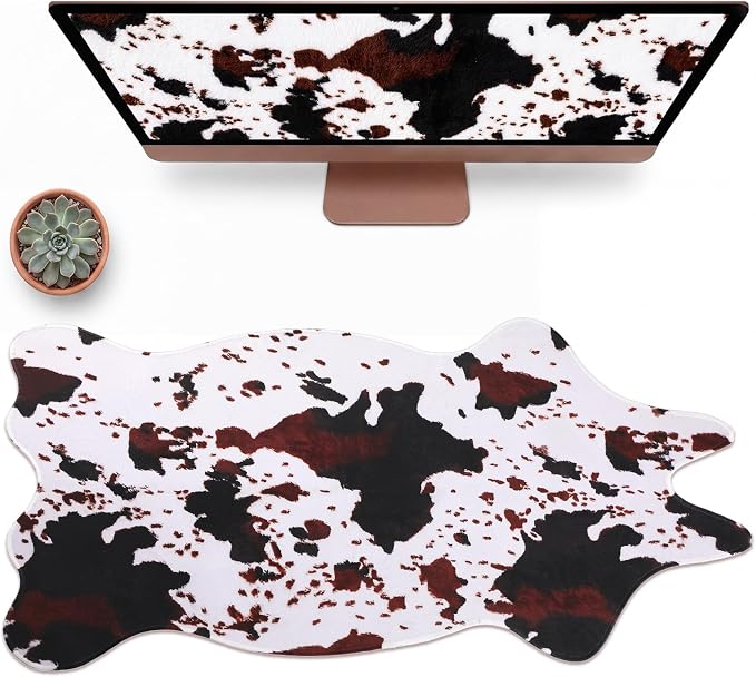 Sabary Large Cow Print Desk Mat Cowhide Leather Print Desk Mat Western Cowboy Rug Gaming Mouse Pad Irregular Shaped Animal Decor for Laptop Computer Office Home Desktop Decor 31.5" x 15.8"
