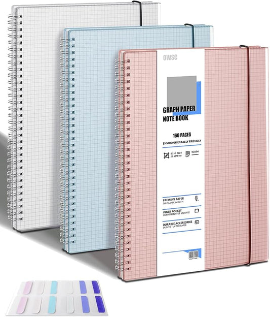 OWSC 3 Pack Graph Spiral Notebook, Hardcover Notebooks for Work A4 Graph | 5.9 x 8.3 IN Notebooks College Ruled for Note Taking, School and Journal with 80 Sheets/160 Pages 110 GSM Thick Papers