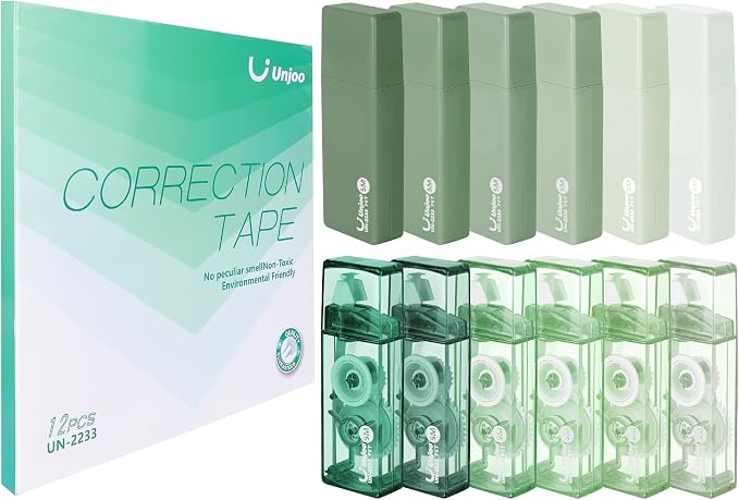 Unjoo Mini White Correction Tape Set (12pack, 5M/196" x 0.2", Green) | Aesthetic Cute Correction Tape, Easy To Use, For school, Office Workers
