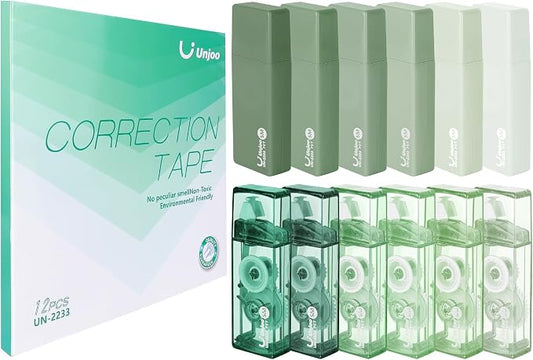 Unjoo Mini White Correction Tape Set (12pack, 5M/196" x 0.2", Green) | Aesthetic Cute Correction Tape, Easy To Use, For school, Office Workers