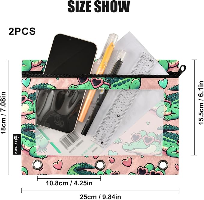 Alligator Crocodiles Pink Pencil Pouch for 3 Ring Binder 2 Pack Zipper Binder Pencil Bag Case with Clear Window Office School Supplies