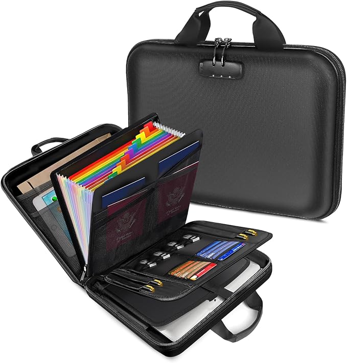 Fireproof Document Organizer with Lock, Hard-Shell Fireproof Document Box with 13 Pocket Accordion File Folder, Portable File Organizer Office Home Travel Safe Storage for Important Documents Laptop