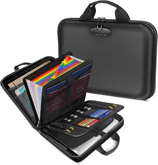 Fireproof Document Organizer with Lock, Hard-Shell Fireproof Document Box with 13 Pocket Accordion File Folder, Portable File Organizer Office Home Travel Safe Storage for Important Documents Laptop