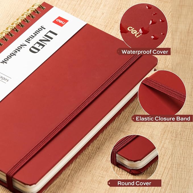 deli Crimson Lined Spiral Journal Notebook, 160 Pages, A5 (5.5"x8") Hardcover Writing Notebook, College Ruled Spiral Bound Journal for Women & Men - Perfect for Work, School, Office & Note Taking