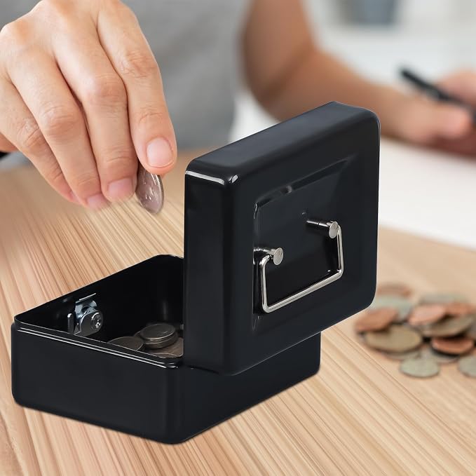 KYODOLED Small Cash Box with Removable Money Tray, Key Lock Metal Storage Box with 2 Keys & Portable Handle, Safe Cash Drawer, 5.91"x 4.72"x 3.15", Black
