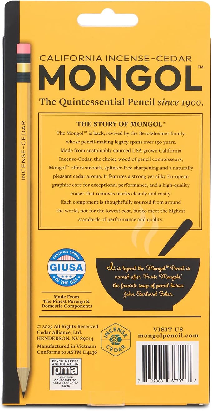Mongol Classic Incense Cedar #2 Pencil - 12-Pack – Pre-sharpened, European Graphite Core, US Grown Cedar, Smudge Free Eraser – Nontoxic PMA Certified