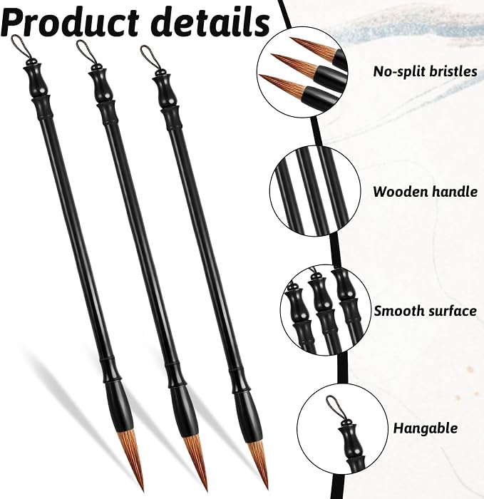 3 Pcs Calligraphy Brush Pens Chinese Sumi Maobi Traditional Wooden Calligraphy Brushes Kanji Art Brushes for Beginner Kanji Ink Painting (3 Sizes)