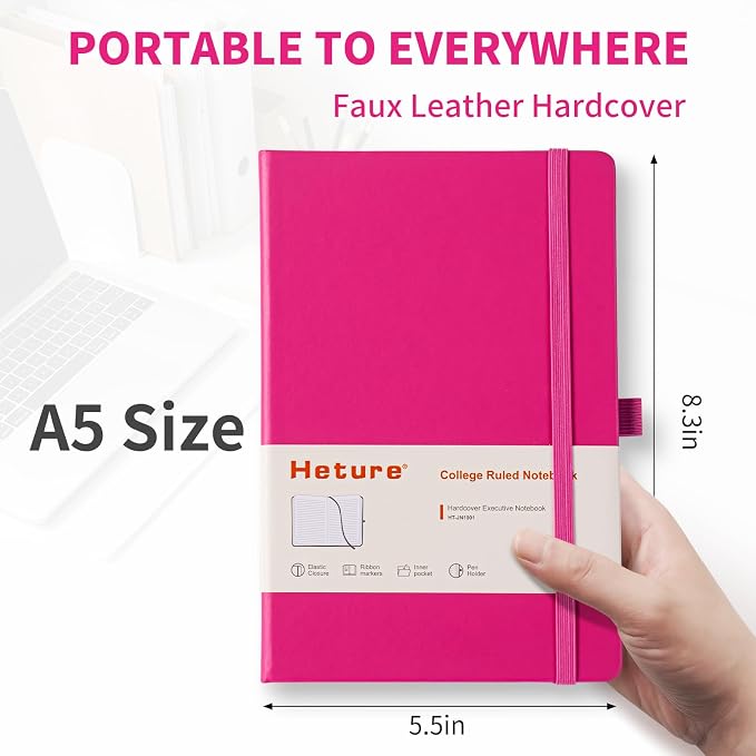 Heture Hardcover Journal Notebooks, A5 Lined Notebook for Writing and Work, 160 Pages 100 GSM Thick Paper, Ruled Notebooks Bulk with Elastic Closure, Hardcover Notebook for Work, School, Travel, Note Taking (Fuchsia, 1 Pack)