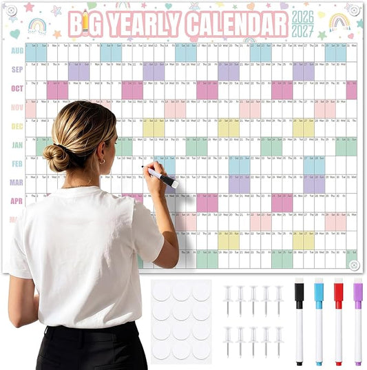 Thenshop 2026-2027 Dry Erase Wall Calendar Large 33'' x 44'' Big Academic Yearly Calendars for Wall Includes Laminated Calendar and Pins Marker for Schedule Planner Classrooms Home Office(Pastel)