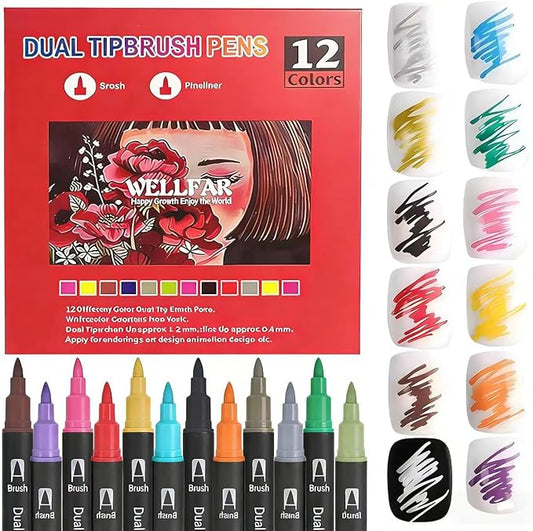 Dual Tip Markers for Adult Coloring Books No Bleeding – Gel Acrylic Paint (Fine & Brush) Pen for Drawing, Rock Painting, Journaling, Art Marker Pencil Set for Teens Calligraphy, Drawing,12 Colors