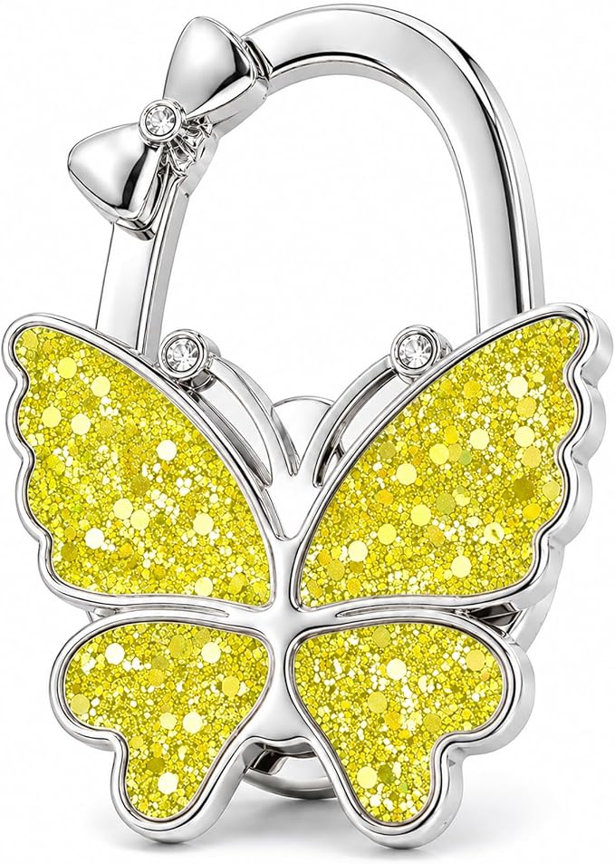 Purse Hook for Table, Foldable Handbag Hanger for Women, Portable Bag Holder with Non-Slip Base, Cute Sequin Yellow Butterfly Purse Table Hook for Restaurant Office Travel Gift