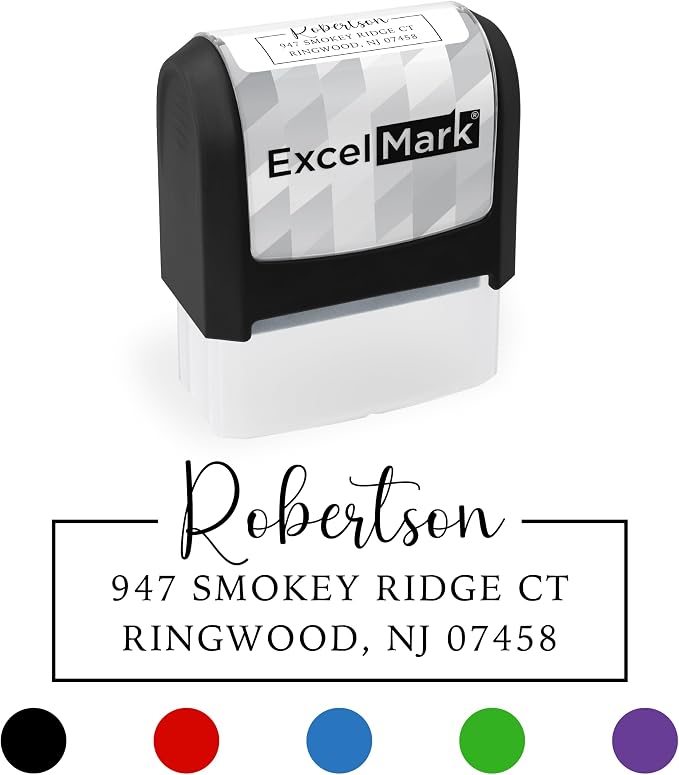 ExcelMark Address Stamp - Custom Return Address Stamp with Elegant Designs, Vibrant Colors & Patterns – Perfect for Mail, Invitations & Gifts (Black, Signature Frame)