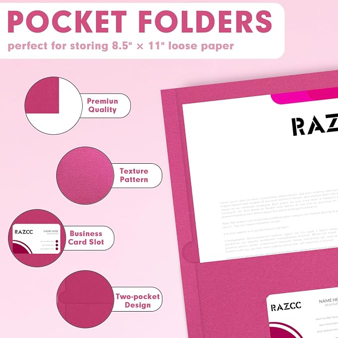 Two Pocket Folders, RAZCC 50 Pack 2 Pocket Folders Fit Letter Size Paper, Paper Folders with Pockets for School Office Business Home (Magenta)
