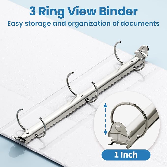 SUNEE 1 Inch Binders 3 Ring 6 Pack, Clear View Three Ring Binder PVC-Free (Fit 8.5x11 Inches) for School or Office Supplies, White