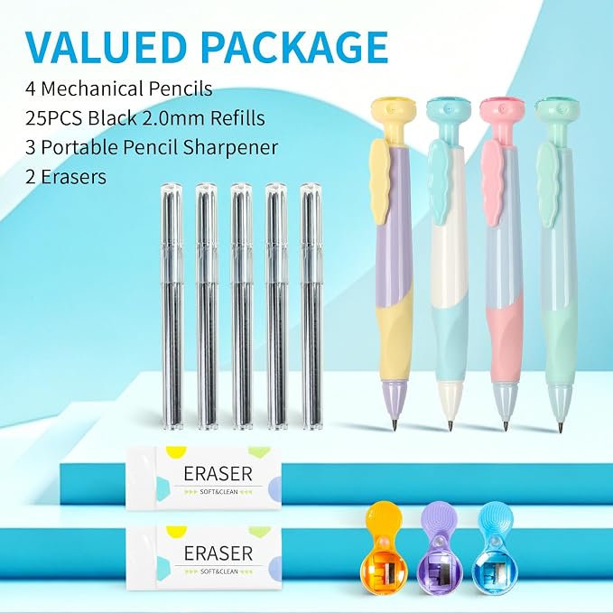 Dust Proof 2.0mm Mechanical Pencil for Kids with Ergonomic Grip 4Pack | Mechanical Pencils with 2 Erasers、25 Refills & 3 Sharpeners，Mechanical Pencils Bulk for School or Office Supplies