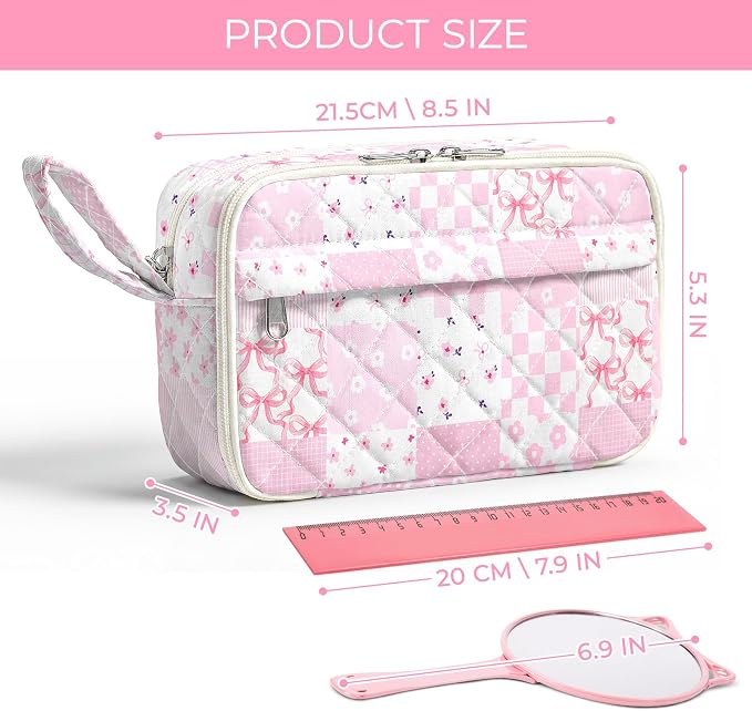 WOBAGMEN Quilted Pencil Pouch for Girls Women, Large Pencil Case Pouch with Compartments Cute Aesthetic Pencil Case Organizer, Floral Pencil Bag for School Supplies (Pink Checked Patchwork)