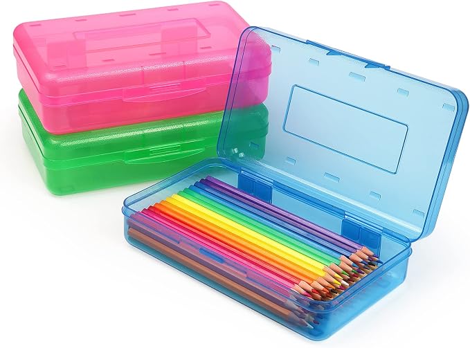 Tamaki 1 Pack Plastic Pencil Box Large Capacity, Blue, Green, Pink | Clear Boxes with Snap-tight Lid Stackable Design and Stylish Office Supplies Storage Organizer