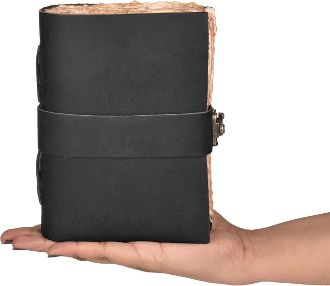 LEATHER VILLAGE Leather Bound Vintage Journal for Women & Men - Book of Shadows - Lock Closure - 200 Pages of Antique Deckle Edges Handmade Watercolor Paper - Rustic Black - 13X8 inches