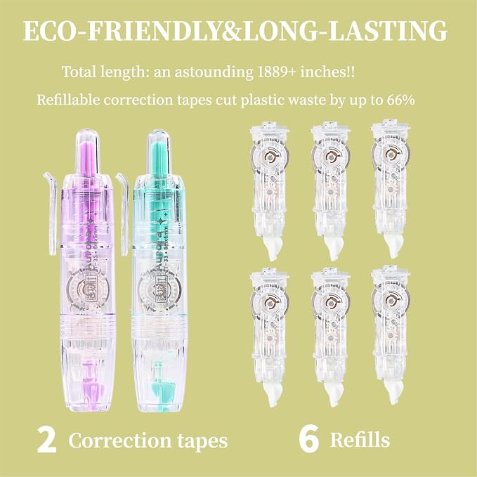 Refillable Correction Tape, 157 ft Total – 2 Pre-Filled Dispensers + 6 Snap-In Refills, School & Office Supplies, Purple+Green