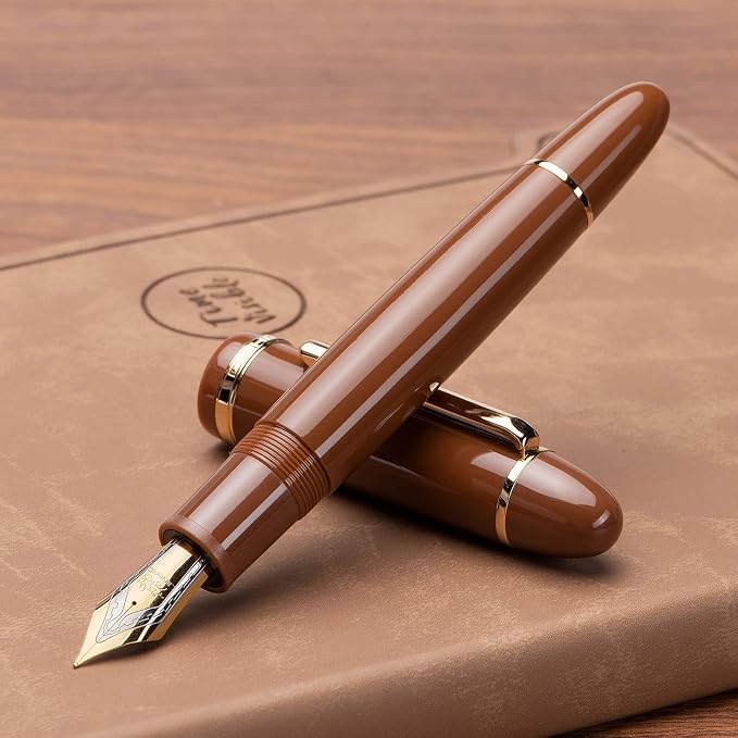 Jinhao X159 Brown Acrylic Fountain Pen, Size 8 Medium Nib Gold Trim Classic Design Smooth Writing Pen with Converter