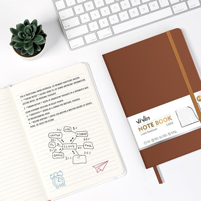 ViVin Lined Journal Notebooks for Work, 192 Pages, Medium 5.5 x 8.3 inch, College Ruled, A5 Hardcover Journaling Notebooks for Writing，Brown，1 Pack