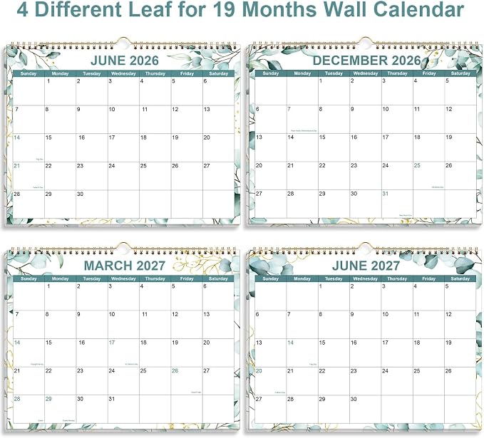 2026-2027 Calendar, Wall Calendar 2026-2027 from June 2026 - December 2027, 19 Months Calendar with Premium Paper, Twin-Wire Binding & Hanging Hook, 8.5" x 11", Green Leaf