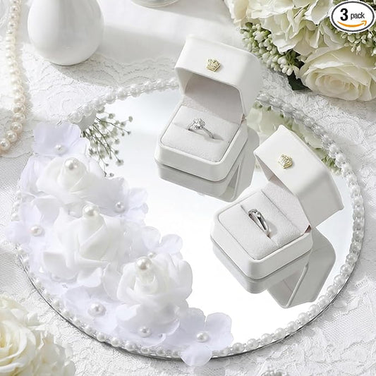 Liliaafar Wedding Mirror Tray with 2 Pcs Ring Boxes Mirrors Flat Circle Plates with Pearl Roses Design Trays for Table Centerpieces Wedding Party Centerpieces