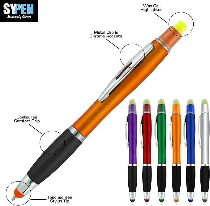 SyPen Bible Highlighter with Pen and Stylus for Touchscreens, 3 in 1 Combo, All Yellow Highlighters, All Black Ballpoint Ink, Wax Gel Highlighters, Multi-Color Barrels, Pack of 6