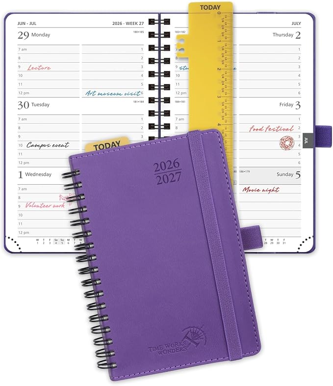 POPRUN Pocket Planner 2026-2027 (Size 4''x6.25'') Academic Pocket Calendar | Weekly Planner, Small Calendar Book(July 2026 - June 2027) with Hourly Time Slots, Spiral Leather Cover - Purple