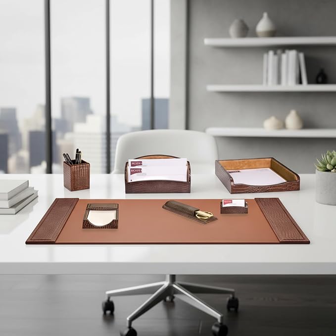 Dacasso Brown Crocodile Embossed Leather Desk Set, 7-Piece