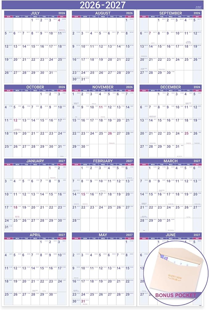 2026-2027 Yearly Wall Calendar - Calendar 2026-2027, July 2026 - June 2027 | Large Wall Calendar 26-27, 34.8"" x 22.8""(Open), Full Year Calendar Large, One Page Vertical with Round Stickers - Purple