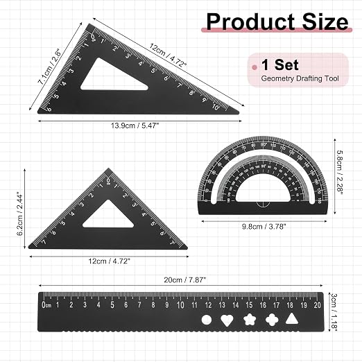 PATIKIL 4 Pcs Geometry Drafting Tool, Aluminum Alloy Geometry Kit Math Tool Includes 20cm L Ruler Protractor Triangles for Drafting Angle Measure Simple Science Experiment, Black