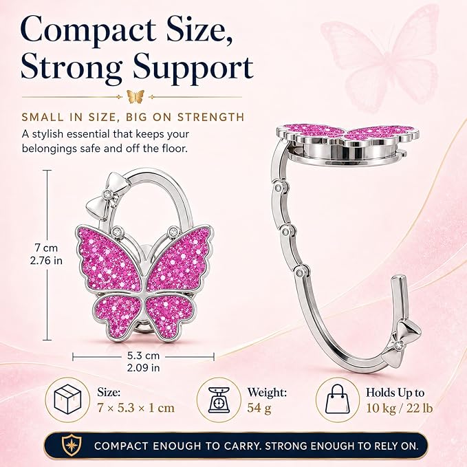 Purse Hook for Table, Foldable Handbag Hanger for Women, Portable Bag Holder with Non-Slip Base, Cute Sequin Purple Butterfly Purse Table Hook for Restaurant Office Travel Gift