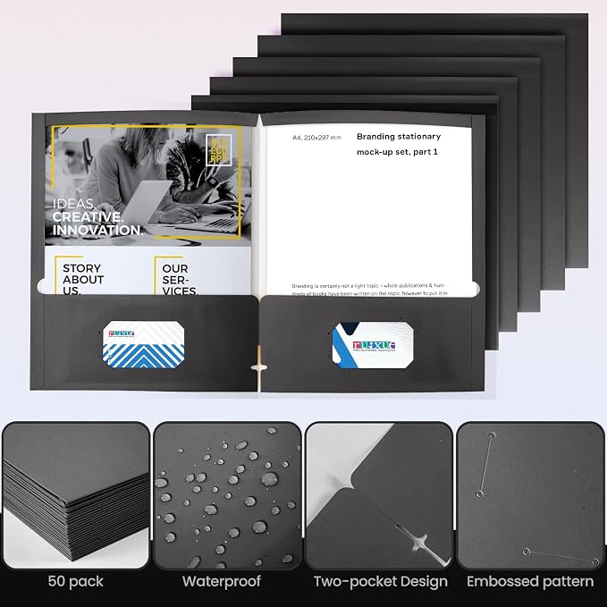 BIBRADAA® 50 Black Folders with Pockets,Two Pocket Folders Bulk Surface Waterproofing,Letter Size,Holds 100 Plus Sheets,for School,Office,Business. (50, Black)