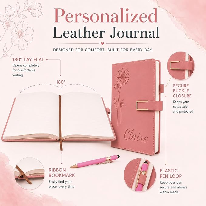 CRME Personalized Birth Flower Notebook, Custom Name Engraved Leather Journal, A5 Writing Journal Gift for Women, Mom, Sister, Teacher, Friend