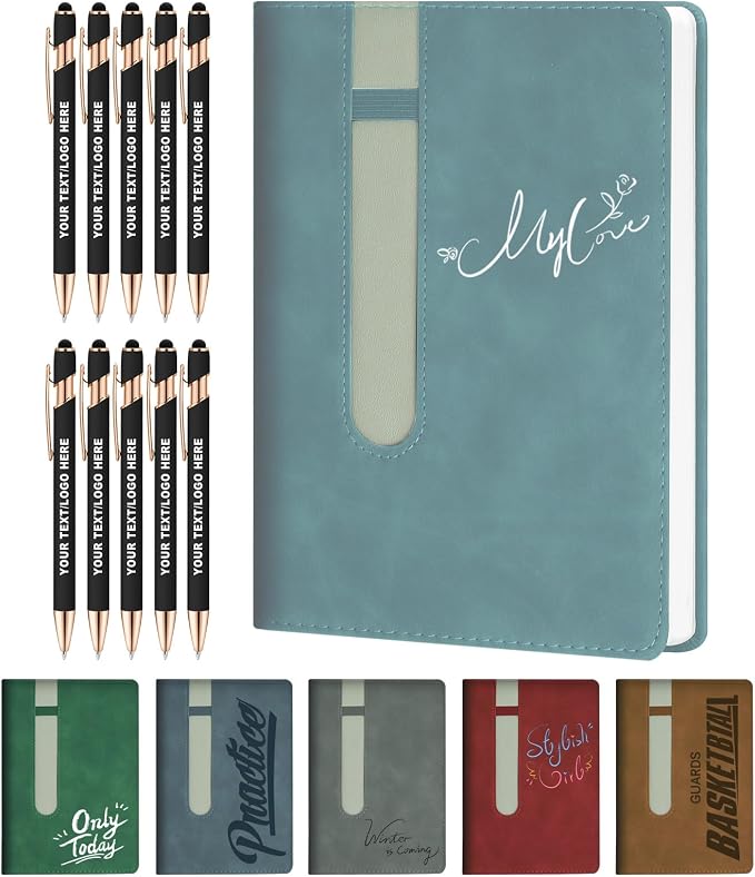 ENOMY Personalized Notebook Journal with 10 PC Pens Gifts Set Custom Notebook 240 Pages A5 Lined Journal for Men Women Hardcover Notebooks for Work College Graduation Gifts, LightBlue