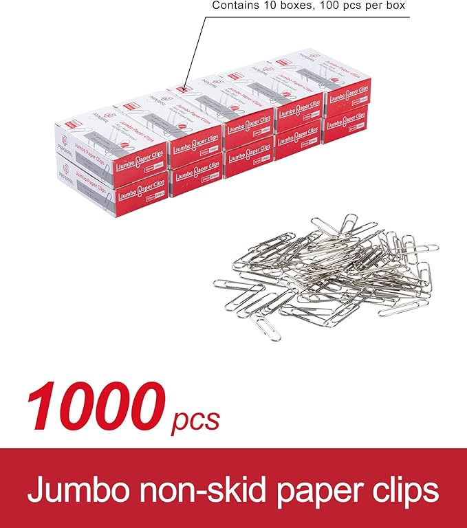 PAPERPAL Paperclips for Office School & Personal Use, Jumbo Nonskid Paper Clip (2"), 1000 Large Paper Clips (10 Boxes of 100 Each), Silver | Value bulk pack of 1,000 large non-skid paper clips for offices, schools and businesses, packed in 10 boxes of ...
