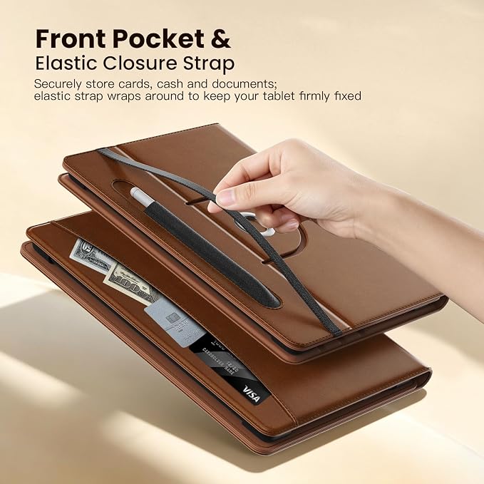 MoKo for Universal 11 inch Android Tablet Case with Pen Holder, Brown | Fits All 9.6-11 inch Tablets, Slim 360 Degree Rotating Cover, Multi-Angle Stand, Front Pocket, No fit iPad/NO back opening