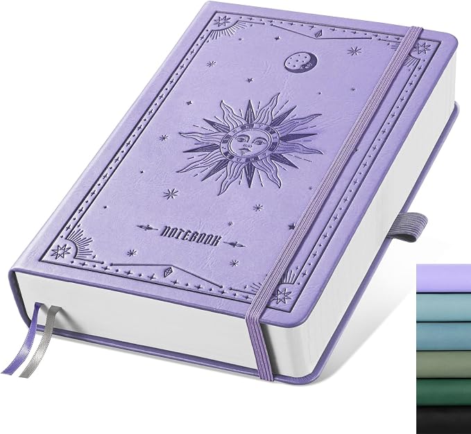 EMSHOI Lined Journal Notebook, 320 Numbered Pages, A5 Size (5.7'' x 8.3'') | Leather Hardcover, 100 GSM Thick Paper, for Women & Men, Journaling, Writing, Work & Office, Sun Debossed (Light Purple)