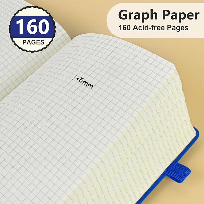 PERCUN A5 Graph Paper Notebook, Leather Journal, 160 Pages Grid Notebook | 5.9"x8.5" hardcover journal with quad ruled paper for work, school, writing, notes, journaling and daily planning.