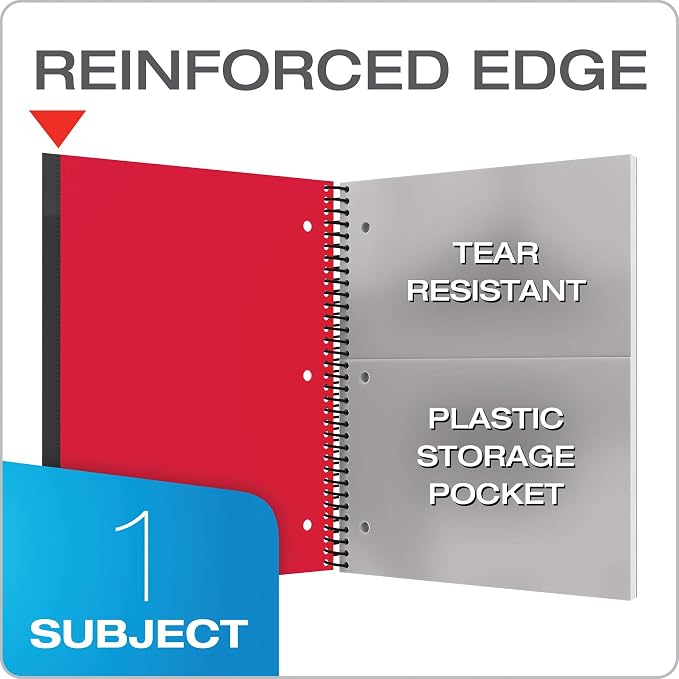 Oxford Spiral Notebook, 1 Subject, Wide Rule Journal, Durable Plastic Covers, 1 Pocket, 8.5 x 11 Inches, 100 Sheets, Red, Green, Blue (89802) (Pack of 24)