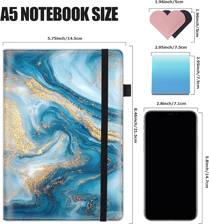 Hardcover Executive Notebooks, A5 PU Leather Lined Journal Notebook, 200 Pages Thick Paper Subject Notebooks for School,Work,Home Writing Business Notebook, Diary Book ，Blue Gilded Marble