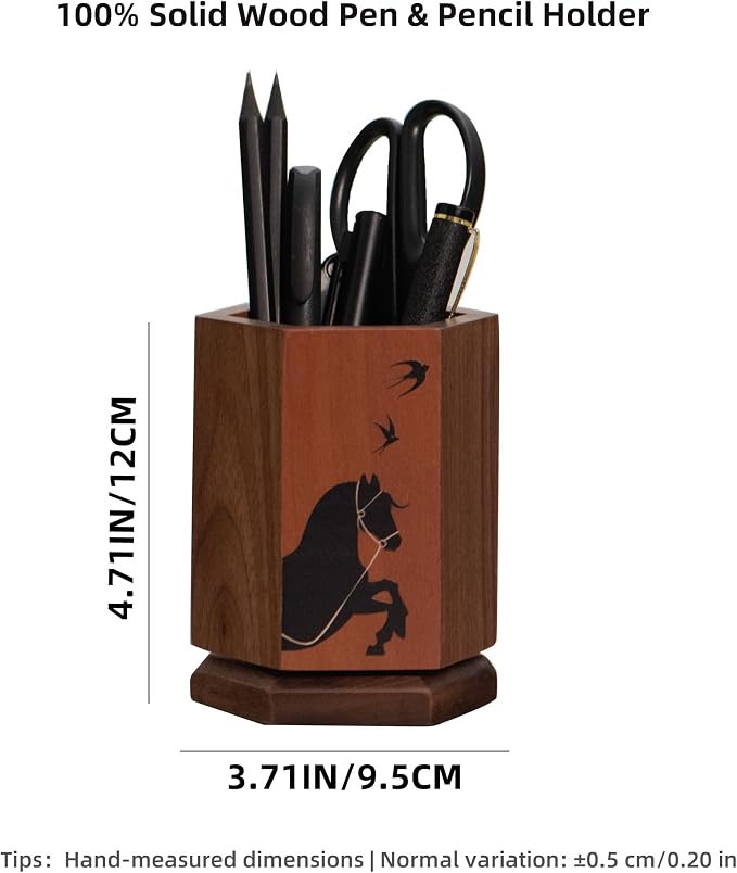 Solid Wood Pen Holder for Desk, Rotating Pencil & Pen Holder | Black Walunt Wood & Cherry Wood Pen Cup, Hexagonal, Walnut Desk Accessories, Desk Organizer for Office,Gift for Horse Lover