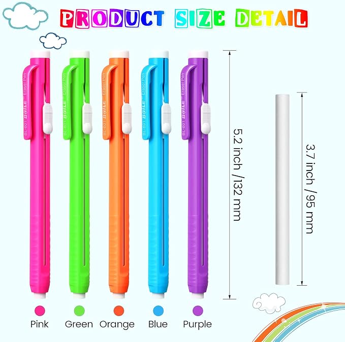 Pangda 10 Pieces Retractable Mechanical Eraser Pen, Pen-Style Erasers Pencil Click Big for Drawing, Art, Drafting, Sketching Adults, Kids Office, School Supplies (Multicolor)