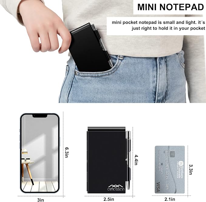 Metal Small Notebook, Mini Notepad, Small Pocket Notepad Aluminum Note Case with Mini Metal Pen and 60-Page Sheets - Memo Books Note Pads, Solid Black