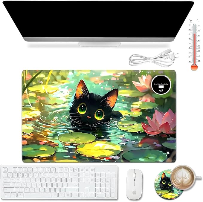 Heated Desk Pad Mouse Pad,Heated Desk Mat,with 3 Heating Levels & 3 Hours Auto Shut-Off,Leather 23.6"*14.2" Gaming Mouse Laptop Mat,Foot Warmer,Cartoon Lotus Cat