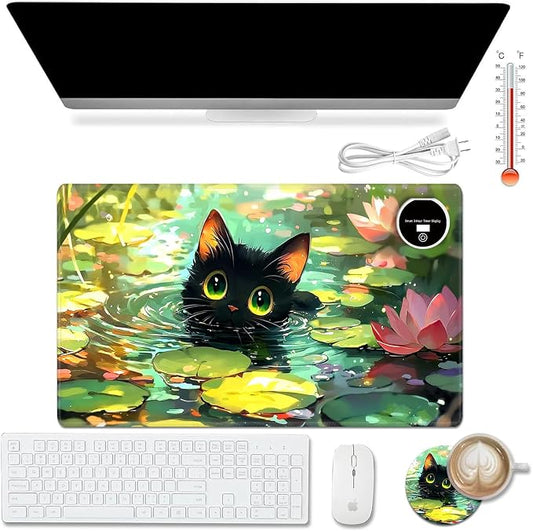 Heated Desk Pad Mouse Pad,Heated Desk Mat,with 3 Heating Levels & 3 Hours Auto Shut-Off,Leather 23.6"*14.2" Gaming Mouse Laptop Mat,Foot Warmer,Cartoon Lotus Cat